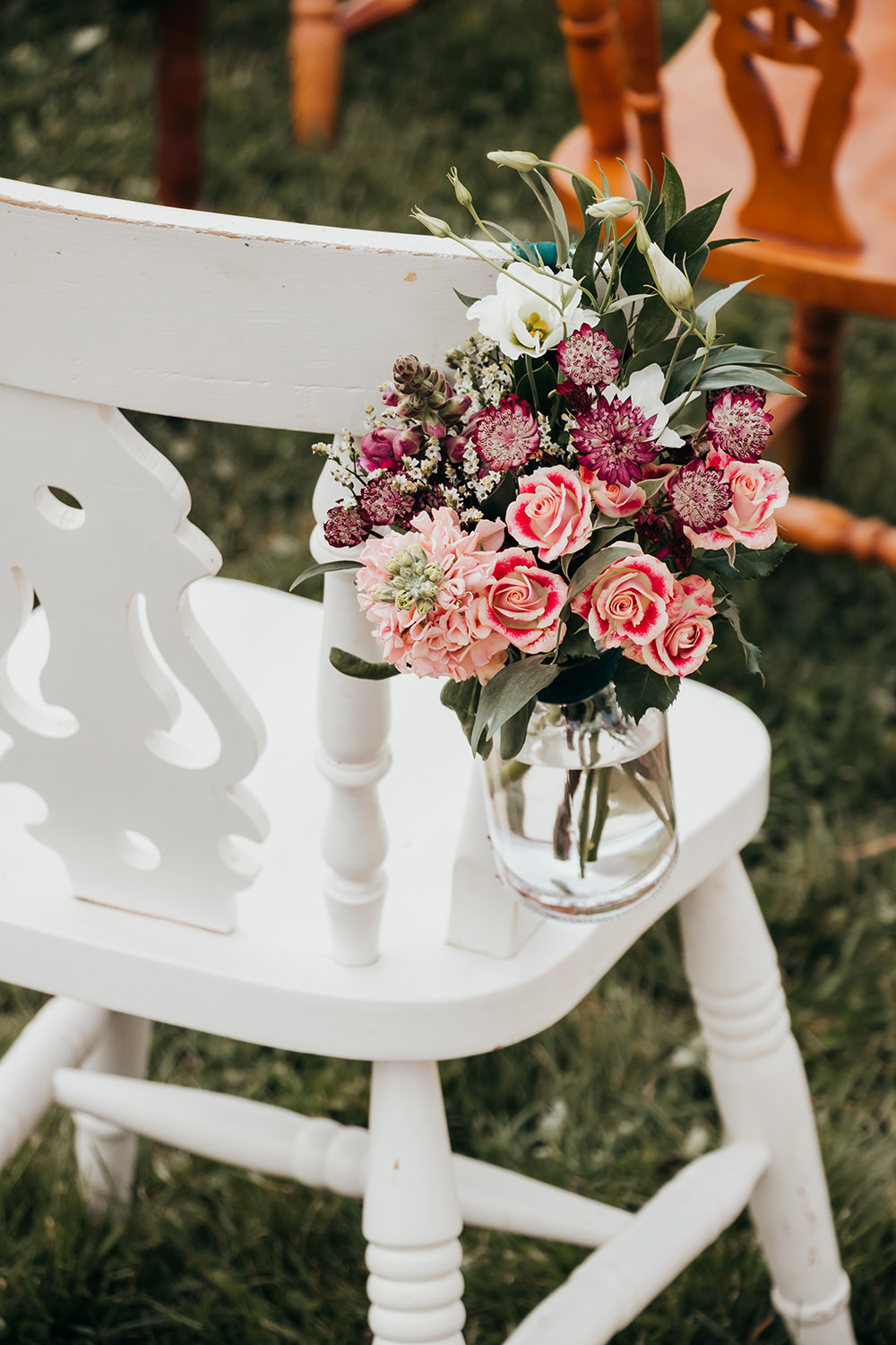 Chair Aisle Ceremony Flowers Jar Aircraft Hangar Wedding Sherri OMalley Photography