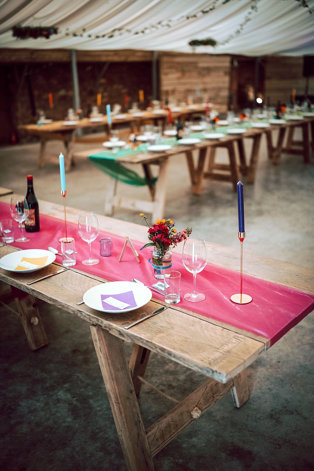 Wooden Trestle Tables Barn Decor Colourful Marquee Drapes Alternative Scottish Wedding Northern Aye Photography