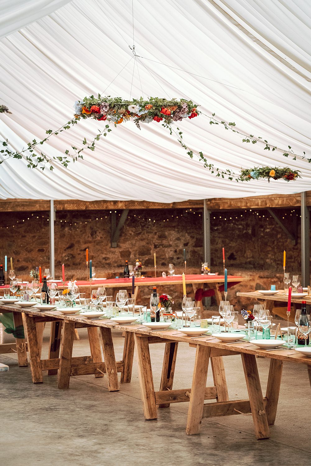 Wooden Trestle Tables Barn Decor Colourful Marquee Drapes Alternative Scottish Wedding Northern Aye Photography