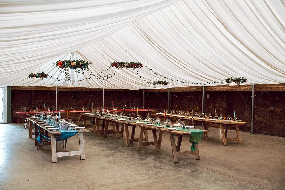 Wooden Trestle Tables Barn Decor Colourful Marquee Drapes Alternative Scottish Wedding Northern Aye Photography