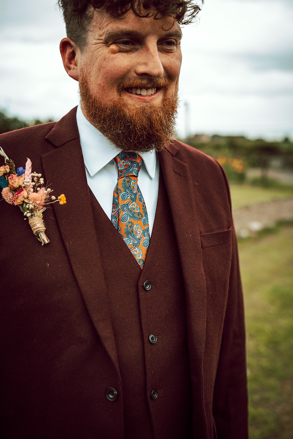 Groom Burgundy Red Suit Pattern Tie Buttonhole Flowers Alternative Scottish Wedding Northern Aye Photography