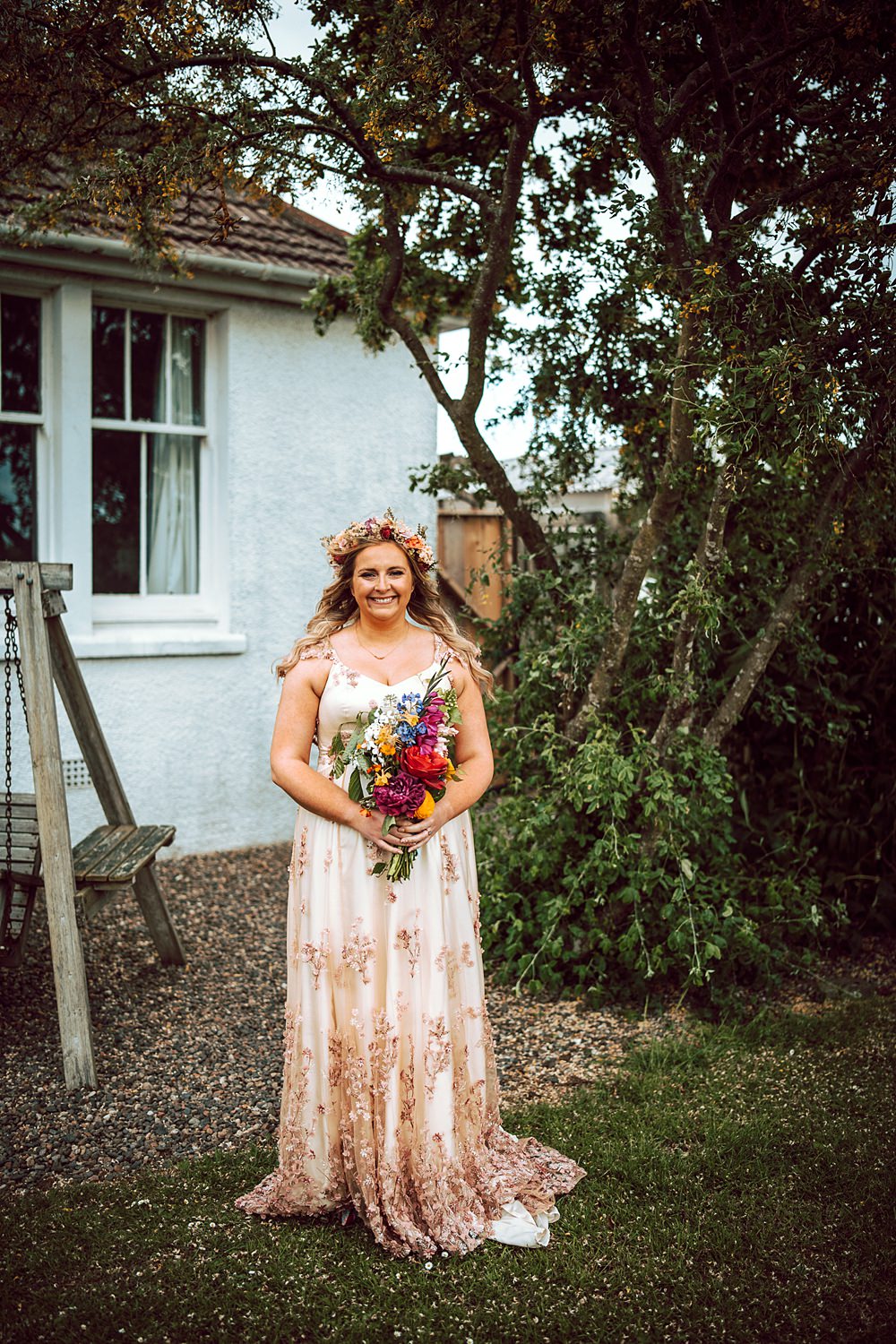 Blush Pink Embroidered Dress Gown Bride Bridal Alternative Scottish Wedding Northern Aye Photography