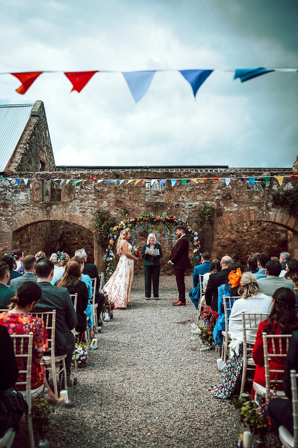 Colourful Ceremony Flower Arch Greenery Alternative Scottish Wedding Northern Aye Photography