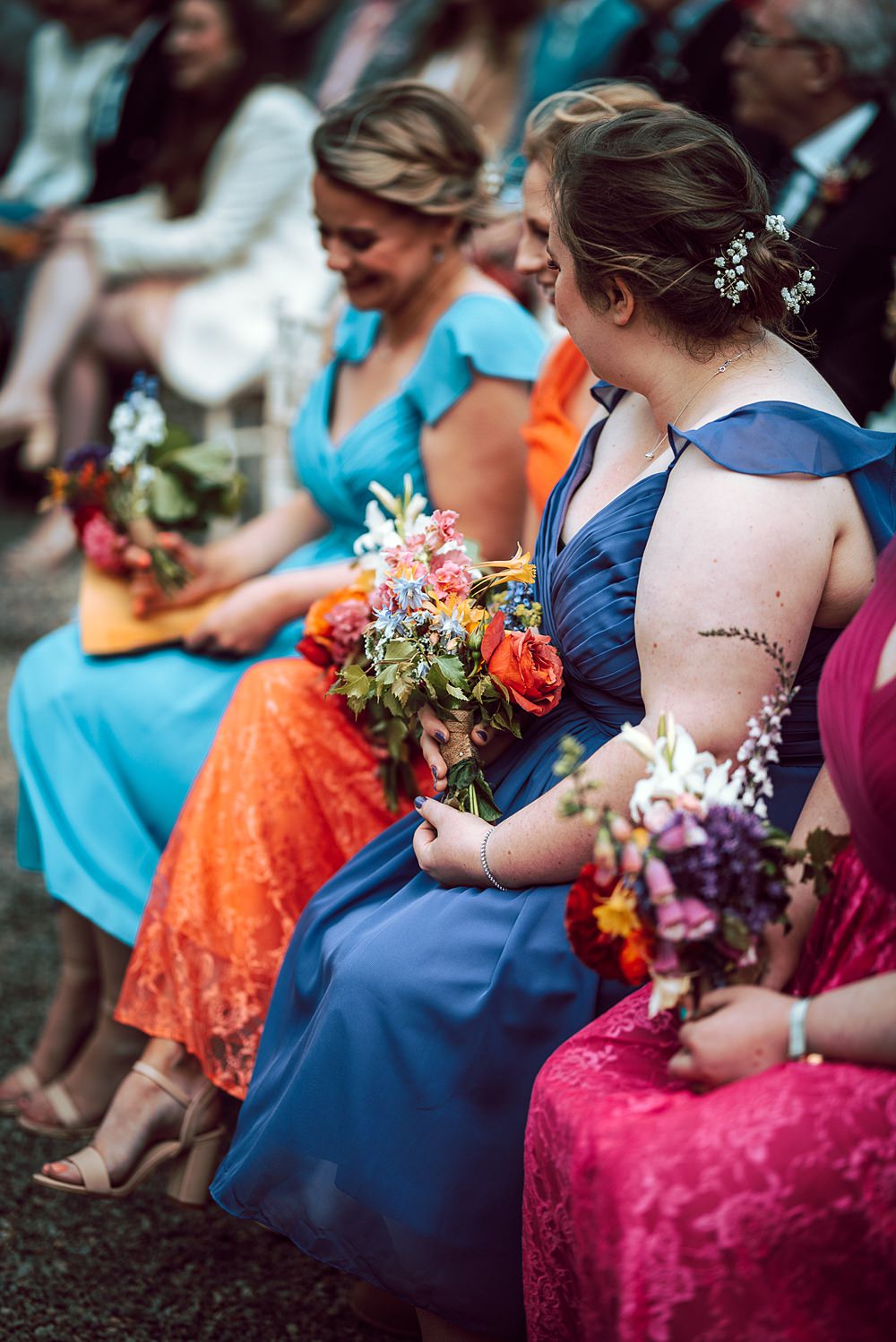 Multicoloured Colourful Bridesmaid Dresses Bouquets Alternative Scottish Wedding Northern Aye Photography