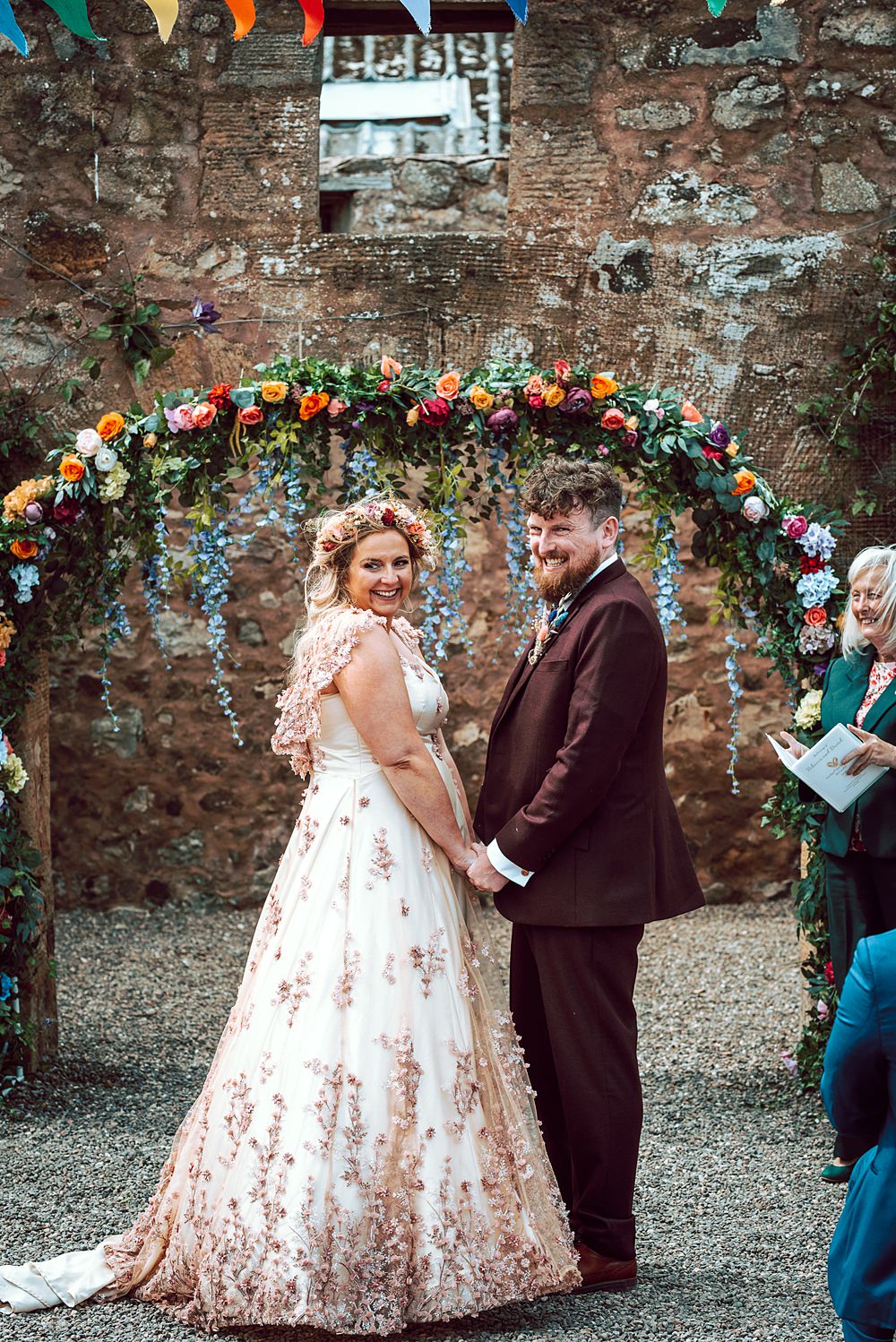 Colourful Ceremony Flower Arch Greenery Alternative Scottish Wedding Northern Aye Photography