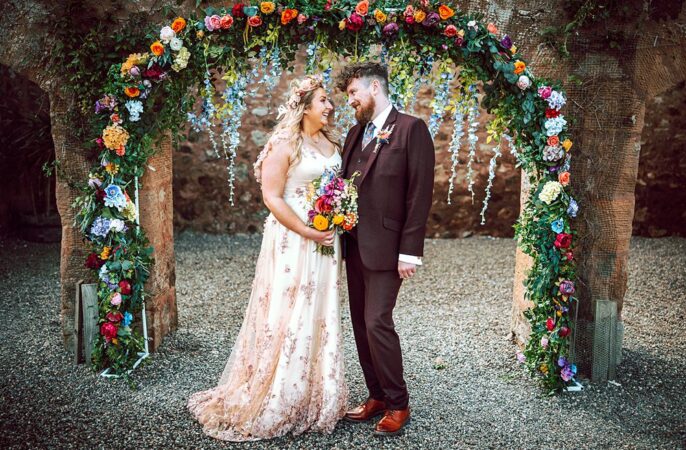 Alternative Scottish Wedding Northern Aye Photography Colourful Ceremony Flower Arch Greenery