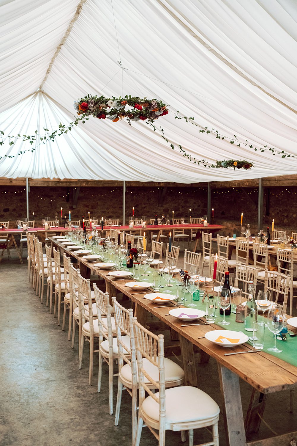 Wooden Trestle Tables Barn Decor Colourful Marquee Drapes Alternative Scottish Wedding Northern Aye Photography