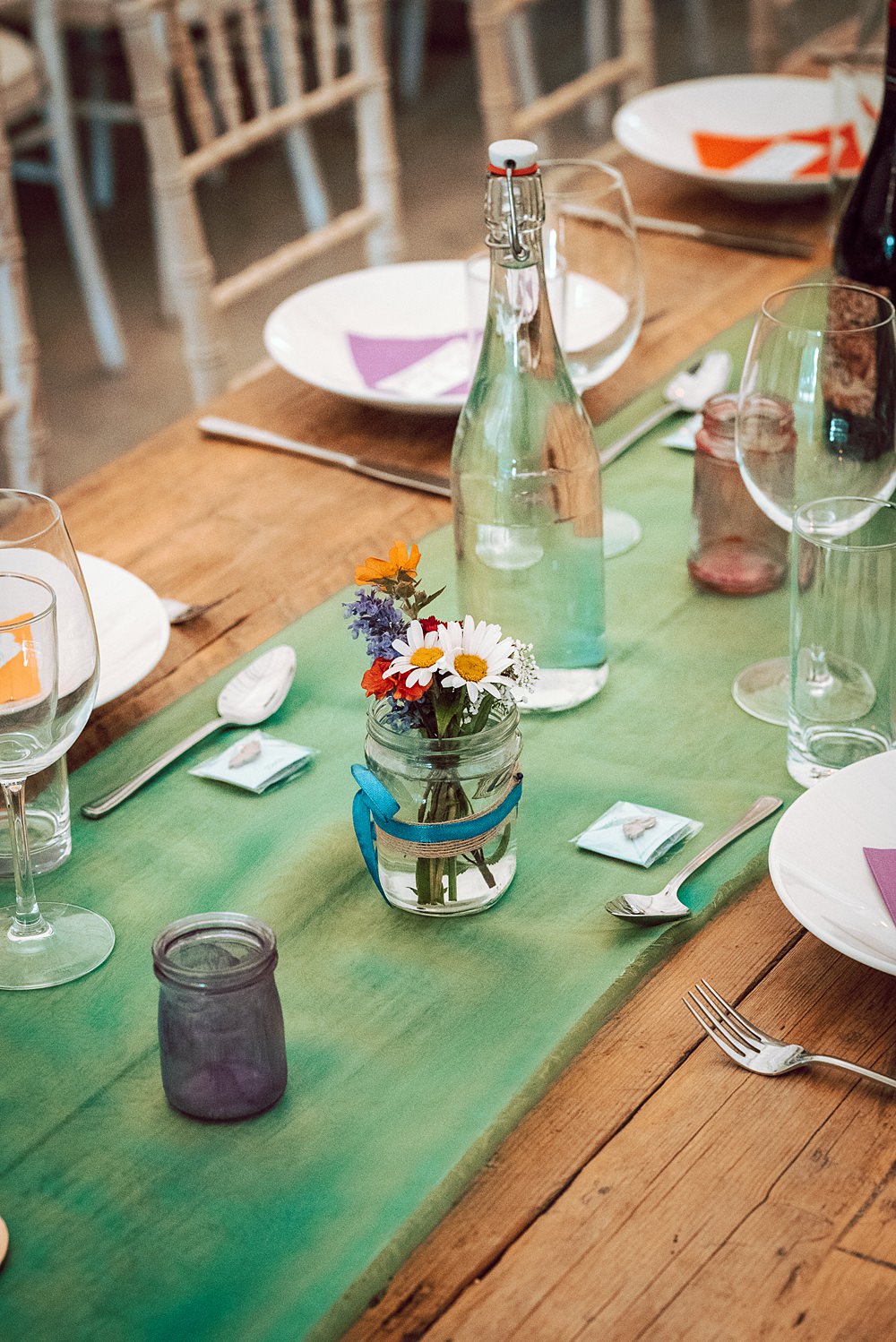 Centrepiece Jar Flowesr Green Runner Alternative Scottish Wedding Northern Aye Photography