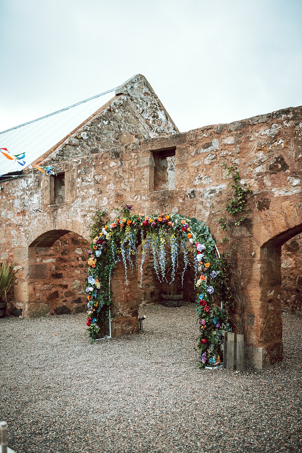 Colourful Ceremony Flower Arch Greenery Alternative Scottish Wedding Northern Aye Photography