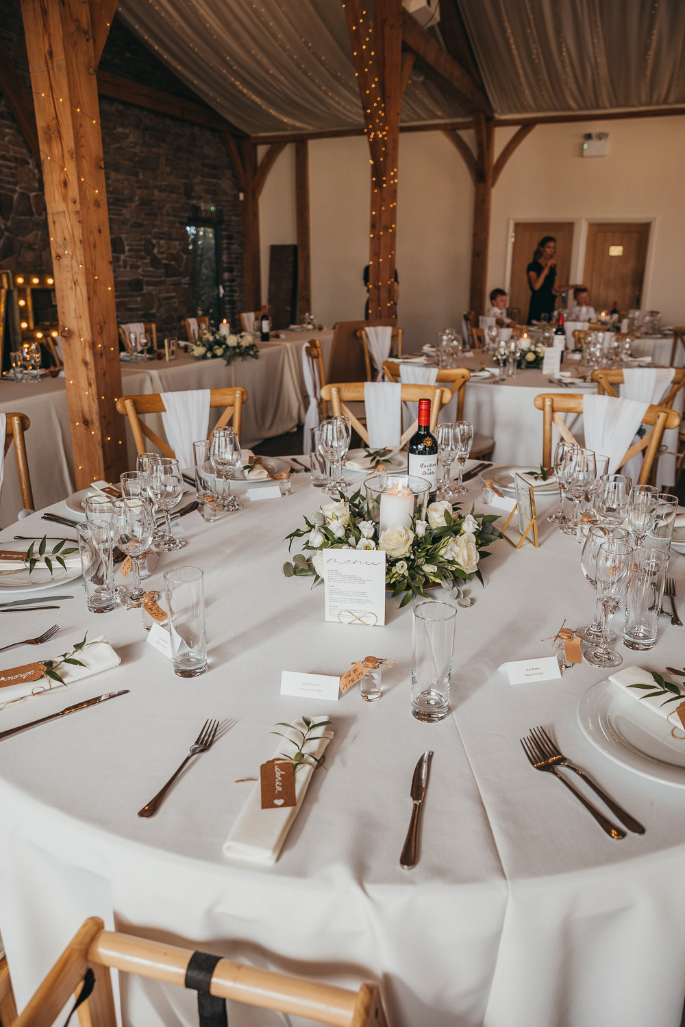Round Table Centrepiece Candle Greenery White Rose Flowers Beaconside House Wedding Amy Chapple Photography