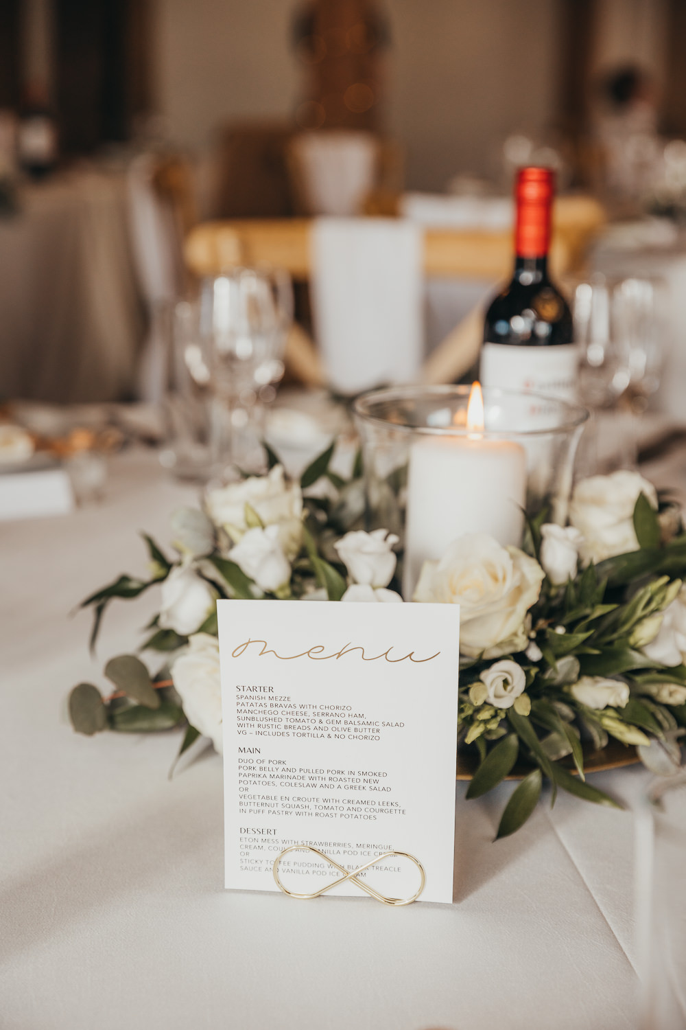 Round Table Centrepiece Candle Greenery White Rose Flowers Beaconside House Wedding Amy Chapple Photography