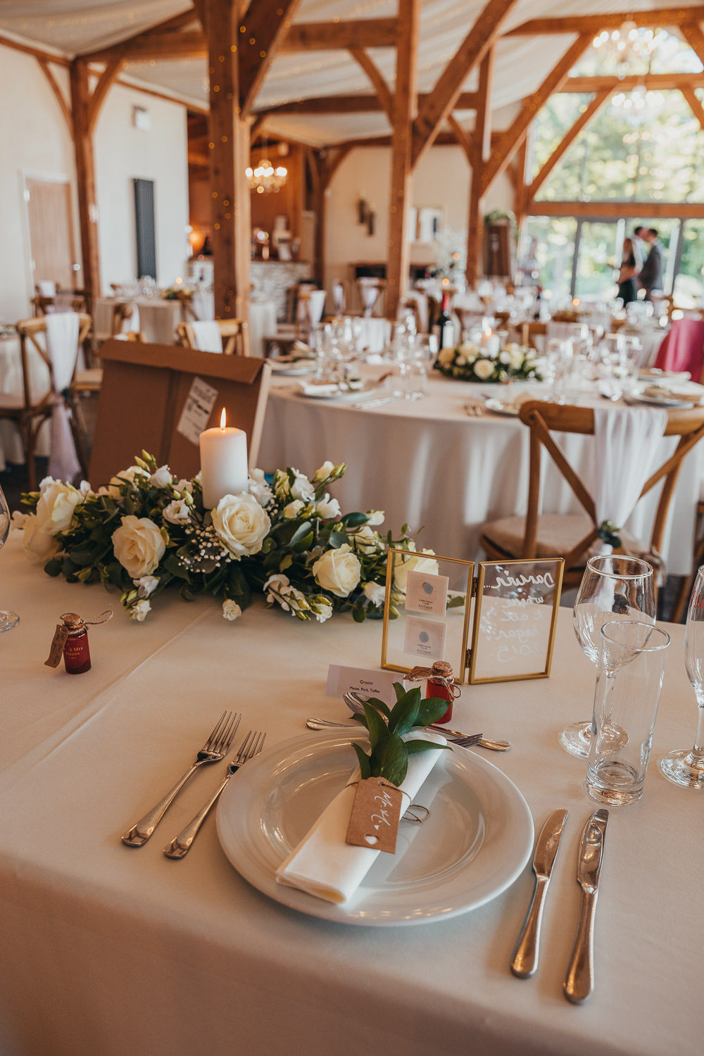 Top Table Centrepiece Candle Greenery White Rose Flowers Beaconside House Wedding Amy Chapple Photography