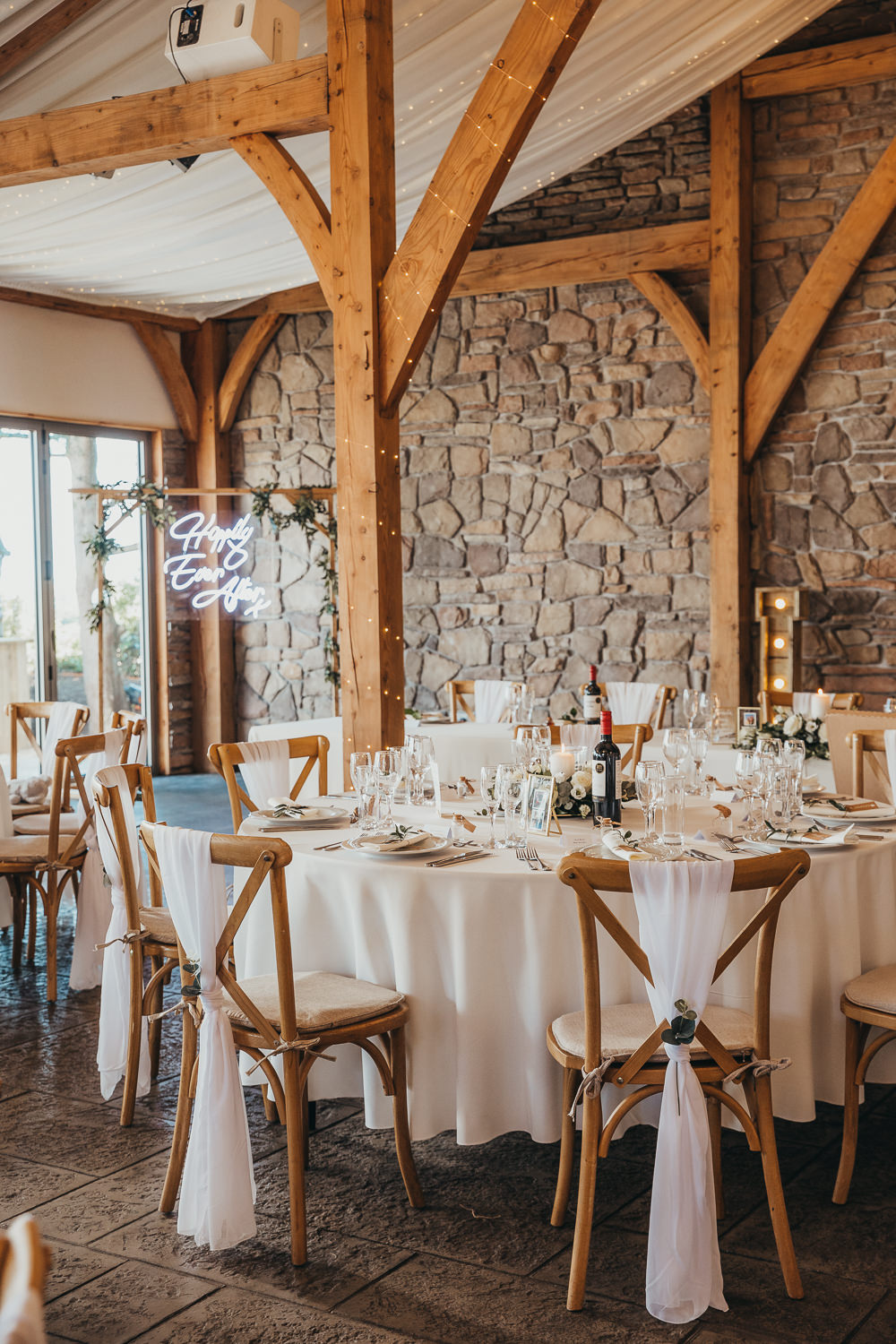 Round Table Centrepiece Candle Greenery White Rose Flowers Chair Sash Beaconside House Wedding Amy Chapple Photography