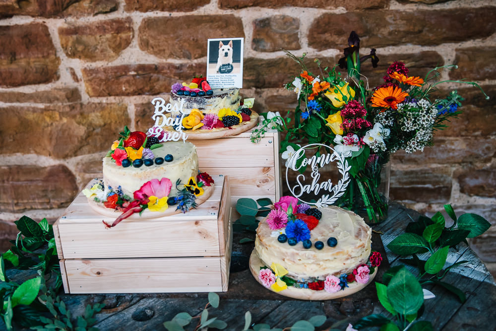 Cake Table Colourful Flowers Berries Beauvale Priory Wedding Lisa Marie Halliday