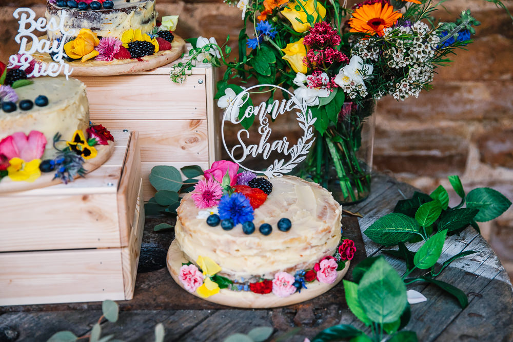 Cake Table Colourful Flowers Berries Beauvale Priory Wedding Lisa Marie Halliday