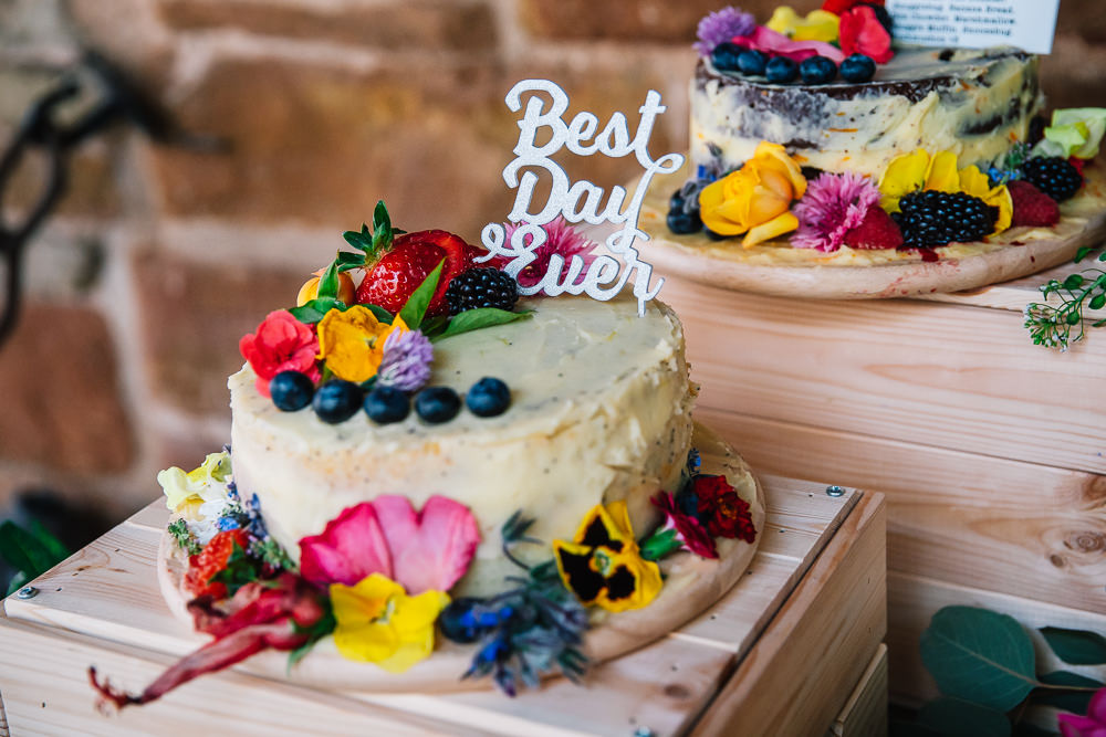 Cake Table Colourful Flowers Berries Beauvale Priory Wedding Lisa Marie Halliday