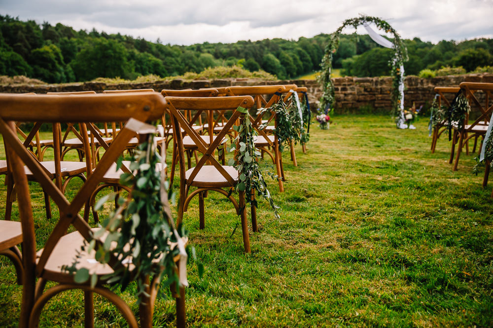 Chair Aisle Flowers Greenery Arch Beauvale Priory Wedding Lisa Marie Halliday