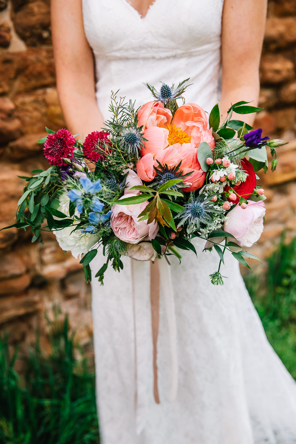 Bouquet Flowers Bride Bridal Pink Peony Thistle Rose Beauvale Priory Wedding Lisa Marie Halliday