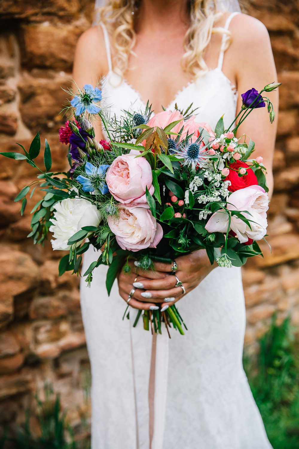 Bouquet Flowers Bride Bridal Pink Peony Thistle Rose Beauvale Priory Wedding Lisa Marie Halliday