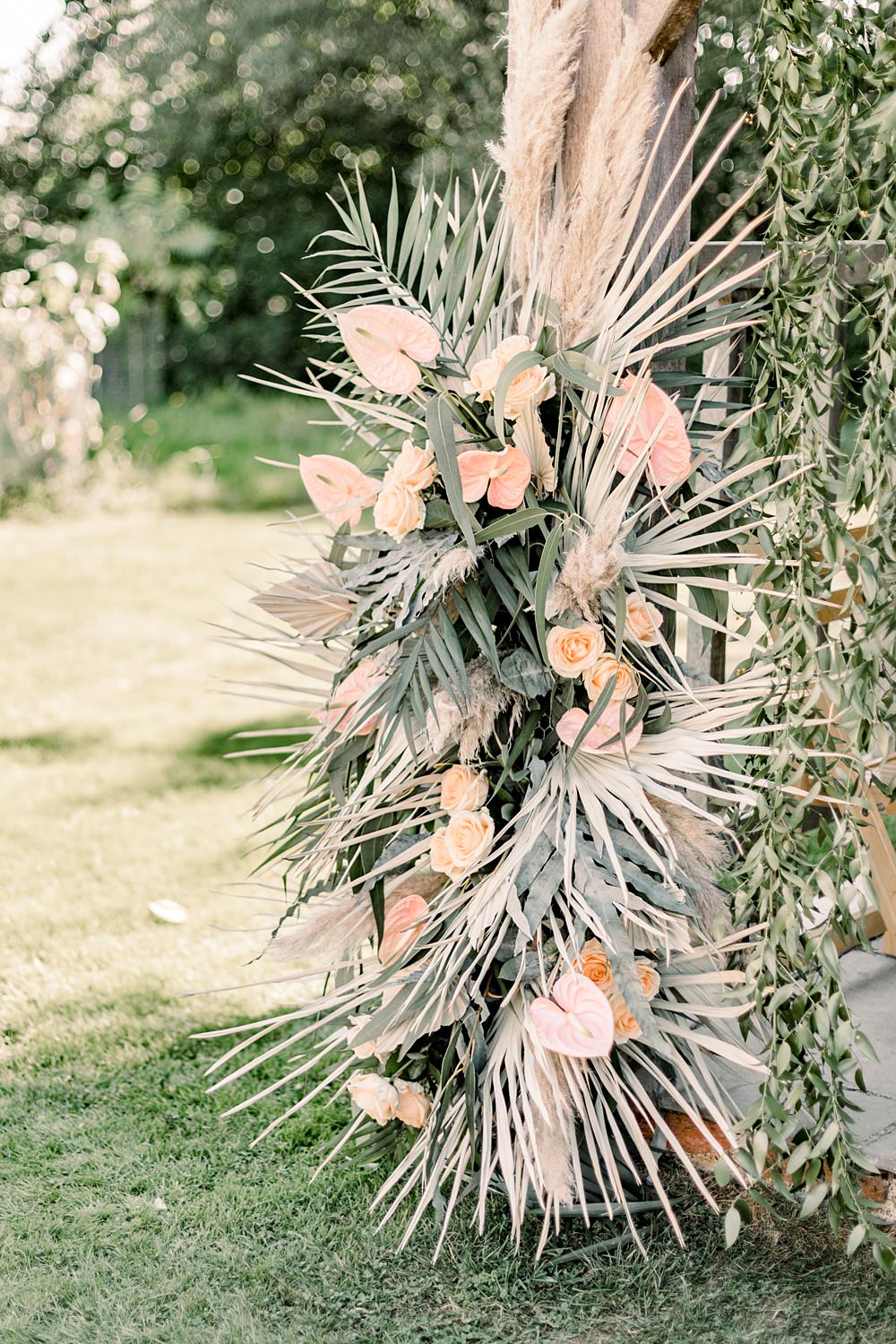 Flower Arrangement Palms Roses Boho Rustic Barn Wedding Terri & Lori