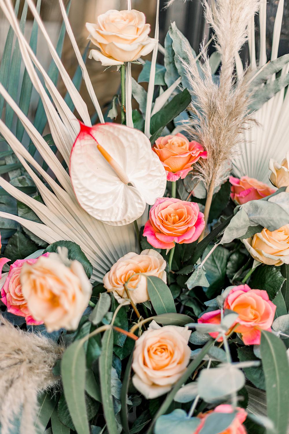 Flower Arrangement Palms Roses Boho Rustic Barn Wedding Terri & Lori
