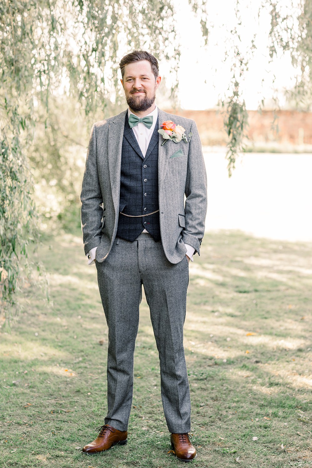 Groom Grey Suit Waistcoat Bow Tie Boho Rustic Barn Wedding Terri & Lori