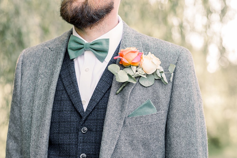 Groom Grey Suit Waistcoat Bow Tie Buttonhole Flowers Boho Rustic Barn Wedding Terri & Lori
