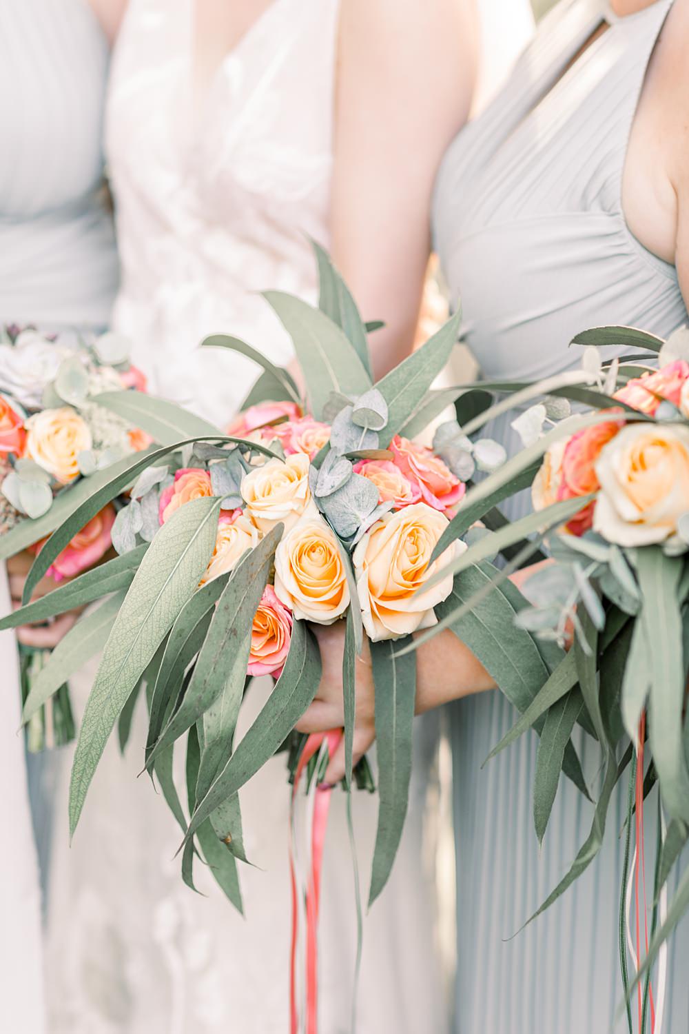 Bouquet Flowers Bridesmaid Orange Rose Ruscus Bride Boho Rustic Barn Wedding Terri & Lori