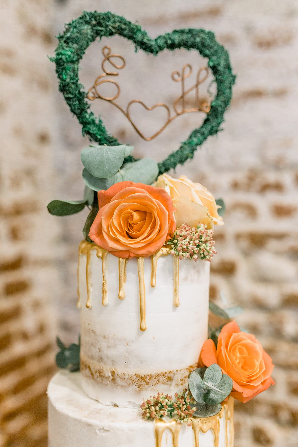 Semi Naked Cake Drips Flowers Heart Topper Boho Rustic Barn Wedding Terri & Lori