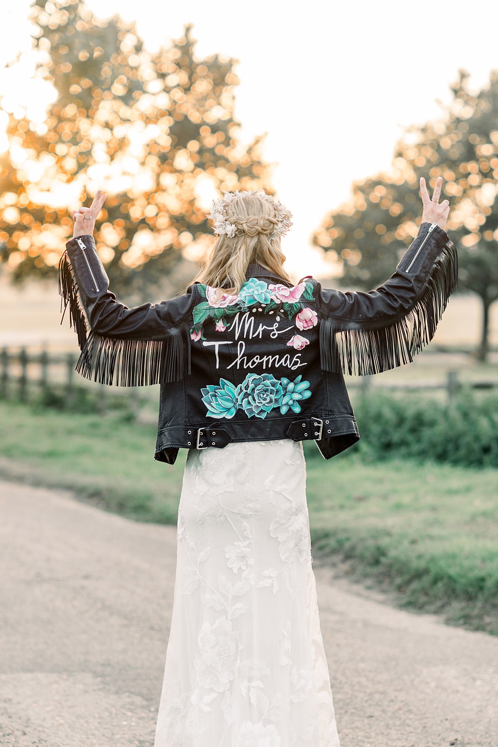 Custom Painted Leather Jacket Tassel Bride Boho Rustic Barn Wedding Terri & Lori