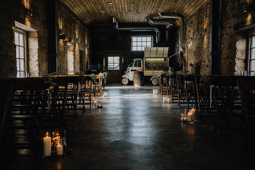 Pew End Flowers Chair Aisle Ceremony Candles Falside Mill Wedding Martin Venherm Photography