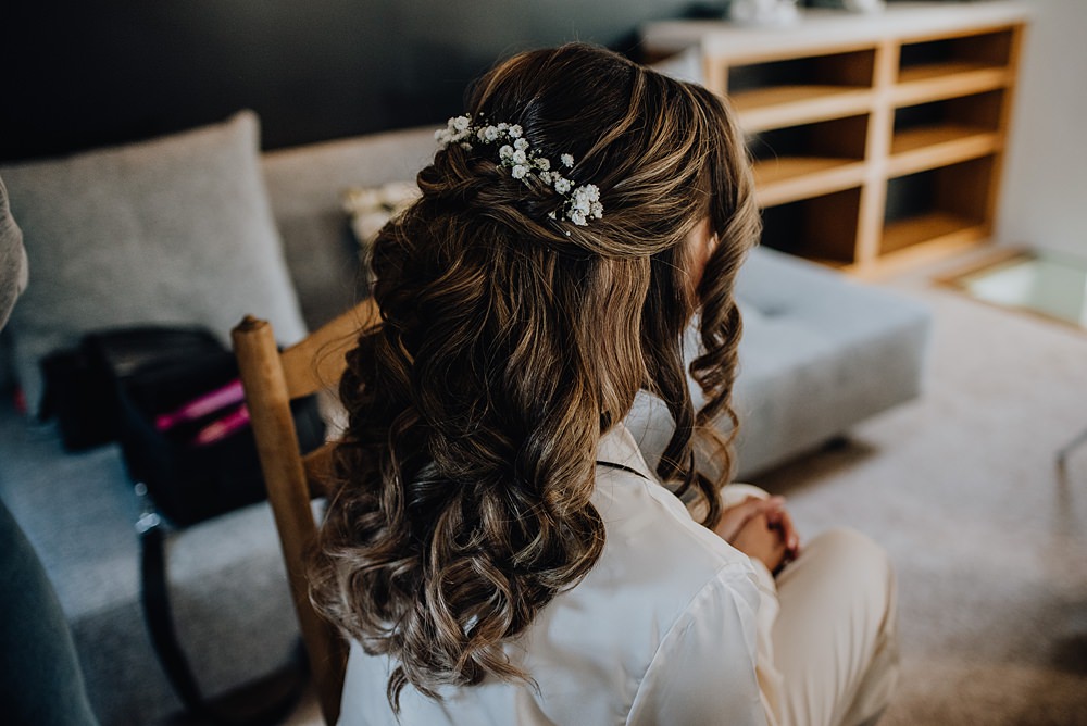 Bride Hairstyle Half Up Down Flowers Falside Mill Wedding Martin Venherm Photography