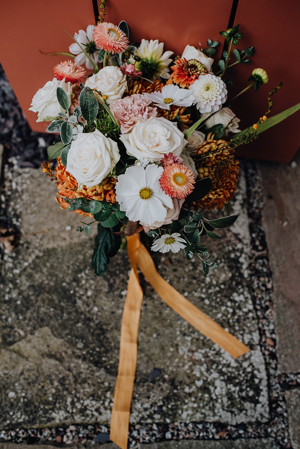 Bouquet Flowers Bride Bridal White Orange Ribbon Falside Mill Wedding Martin Venherm Photography