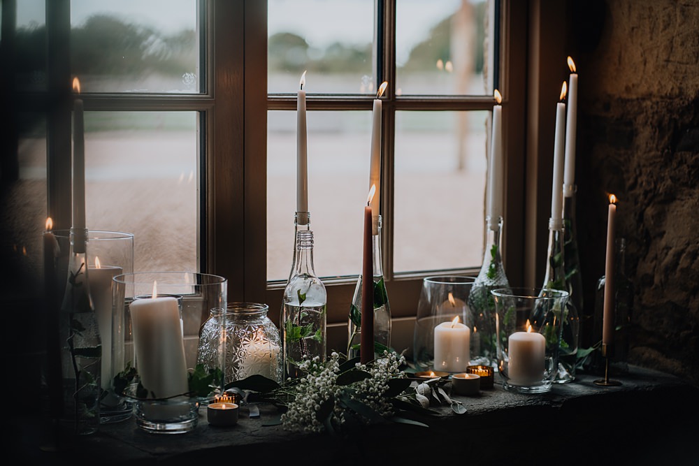 Windowsill Flowers Candles Falside Mill Wedding Martin Venherm Photography