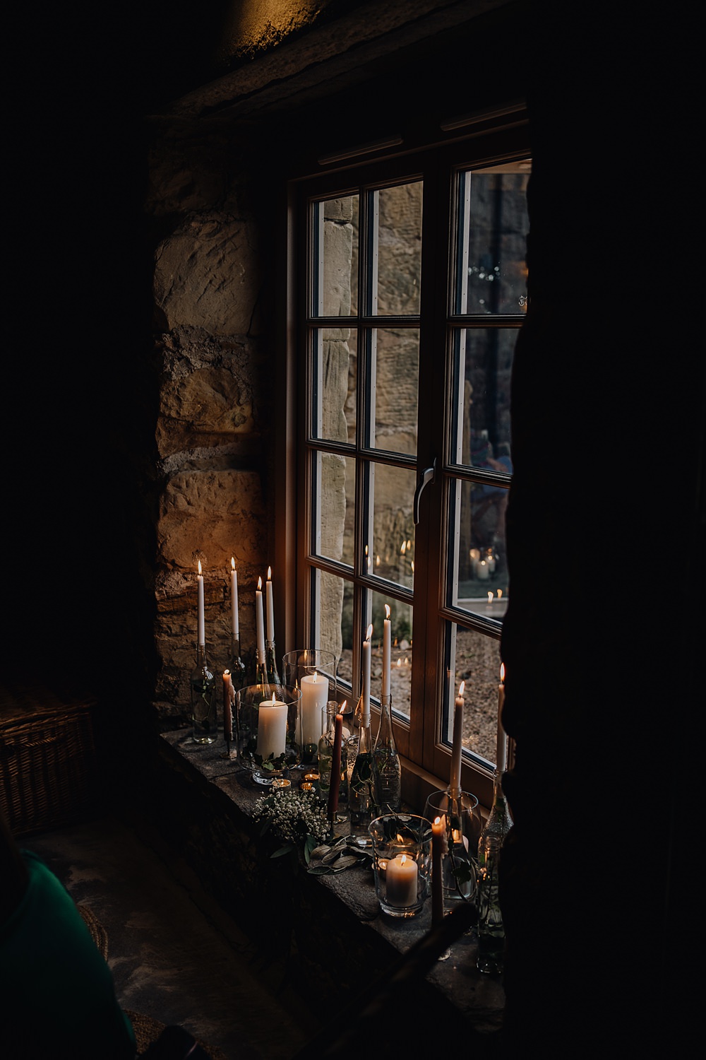 Windowsill Flowers Candles Falside Mill Wedding Martin Venherm Photography