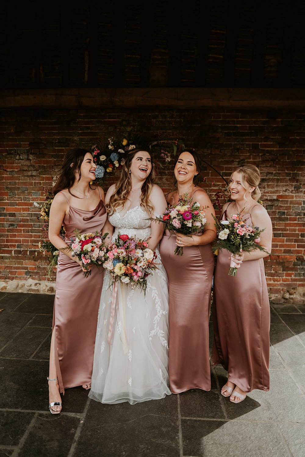 Pink Satin Bridesmaid Dresses Farmhouse Redcoats Wedding Bubear Photography