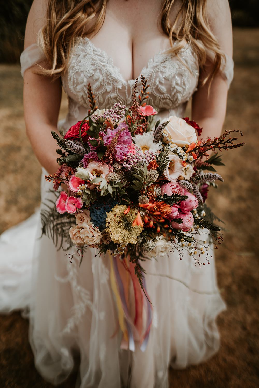 Bouquet Flowers Bride Bridal Pink Yellow Ribbon Peony Gerbera Rose Farmhouse Redcoats Wedding Bubear Photography