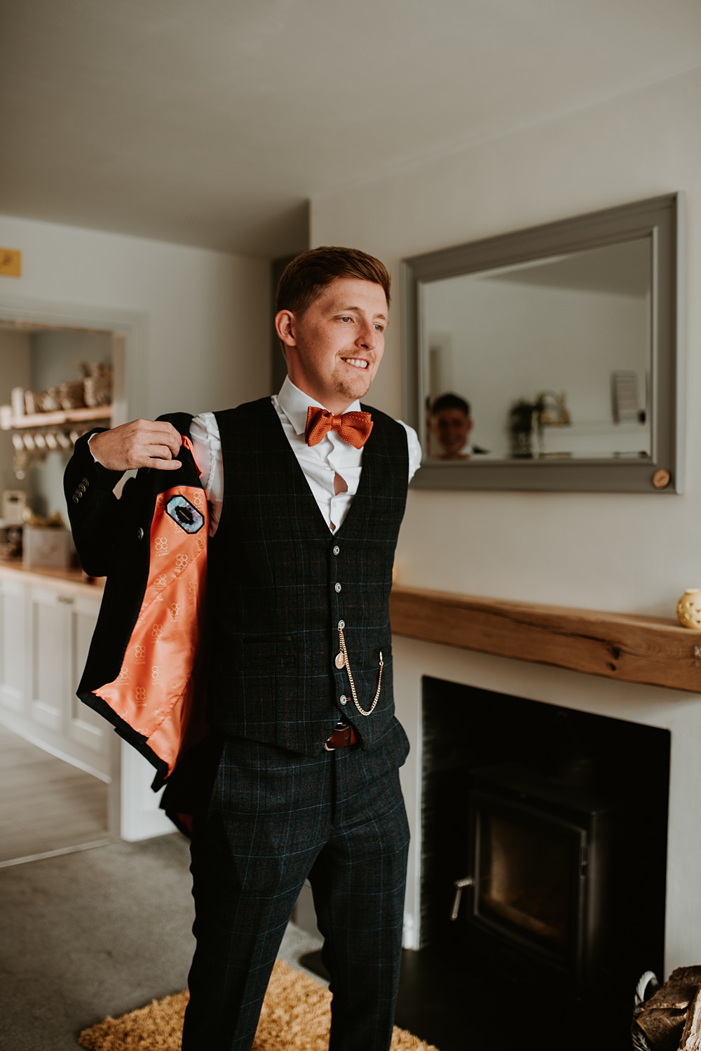 Groom Groomsmen Suit Navy Tan Shoes Bow Tie Farmhouse Redcoats Wedding Bubear Photography