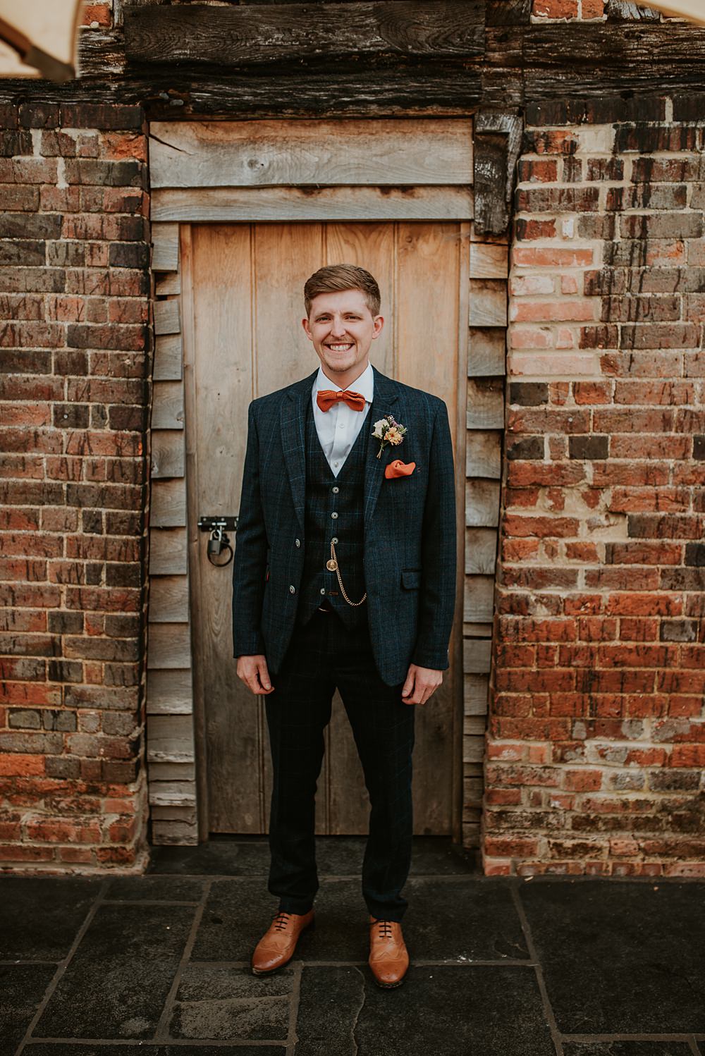 Groom Groomsmen Suit Navy Tan Shoes Bow Tie Farmhouse Redcoats Wedding Bubear Photography