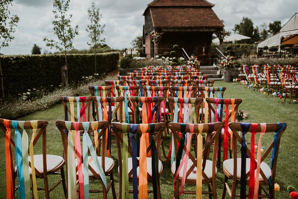Rainbow Ribbons Chairs Decor Ceremony Farmhouse Redcoats Wedding Bubear Photography