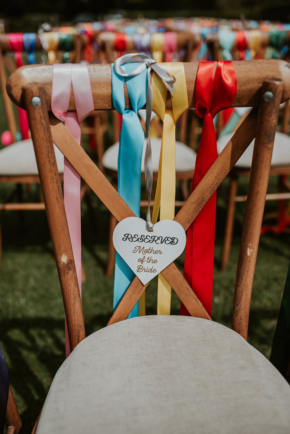 Rainbow Ribbons Chairs Decor Ceremony Farmhouse Redcoats Wedding Bubear Photography
