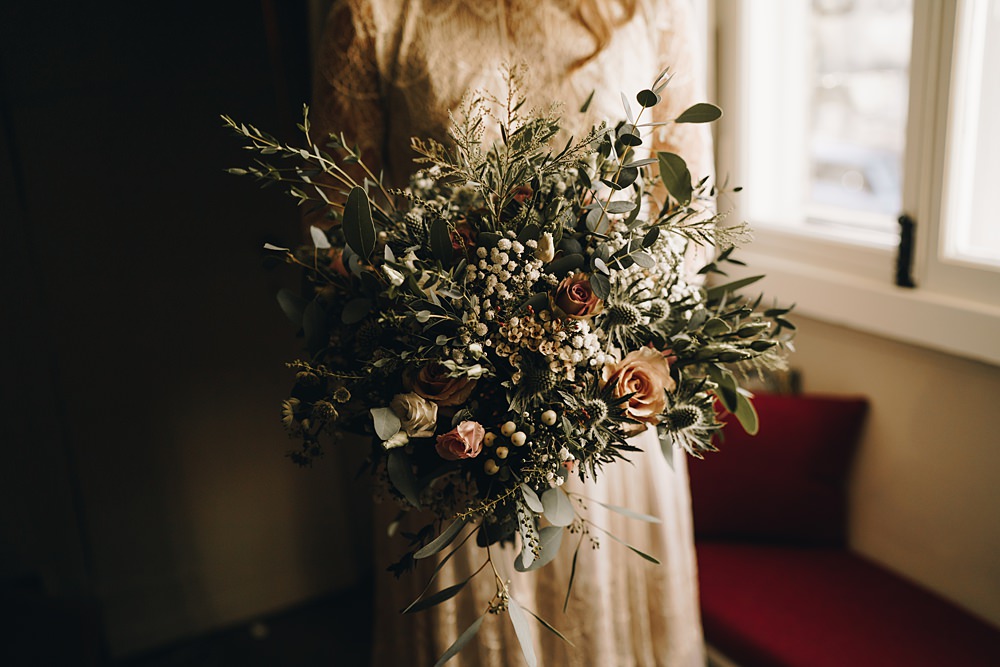 Winter Bouquet Bride Bridal Greenery Rose Thistle Greenery Berry Gloucestershire Barn Wedding Winnington & Coe