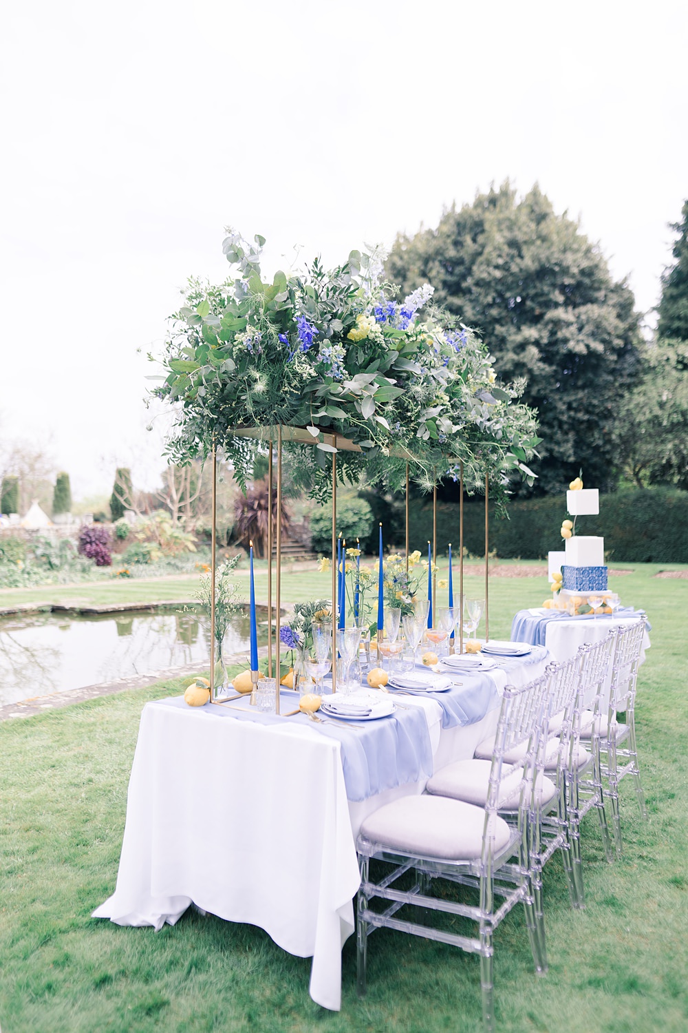 Table Decor Tall Centrepice Flowers Greenery Blue Yellow Italian Wedding Ideas Paige Mary Photography