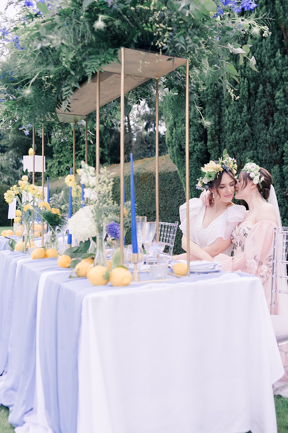 Table Decor Tall Centrepice Flowers Greenery Blue Yellow Italian Wedding Ideas Paige Mary Photography