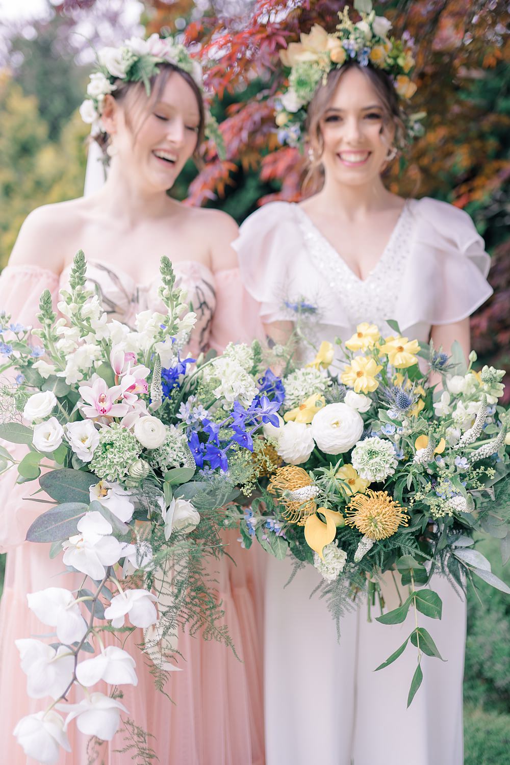 Bridal Bouquets Wild Cascading Greenery Blue Yellow Orchid Lily Thistle Flower Crowns Italian Wedding Ideas Paige Mary Photography