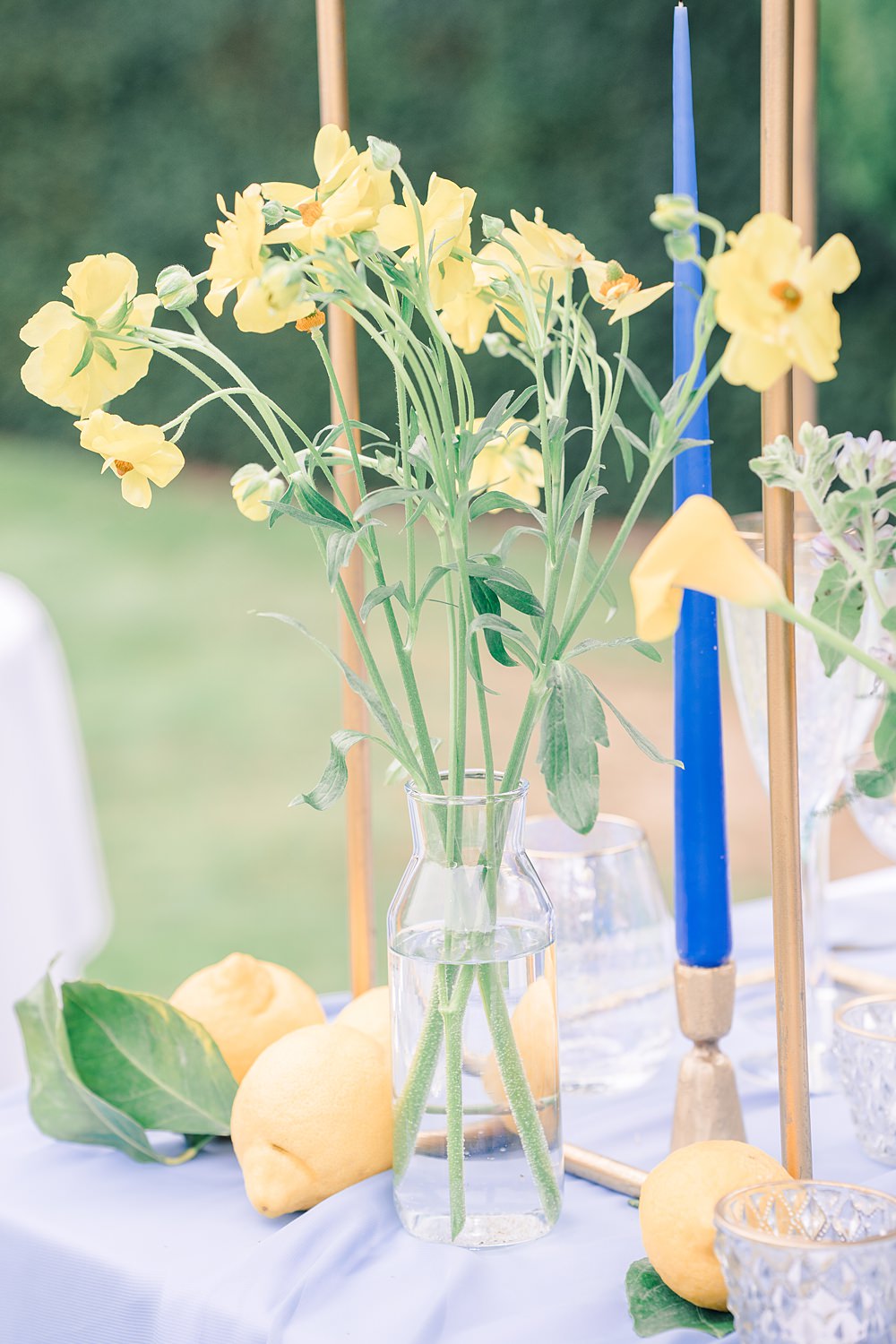 Table Decor Flowers Lemon Fruit Yellow Blue Candles Italian Wedding Ideas Paige Mary Photography