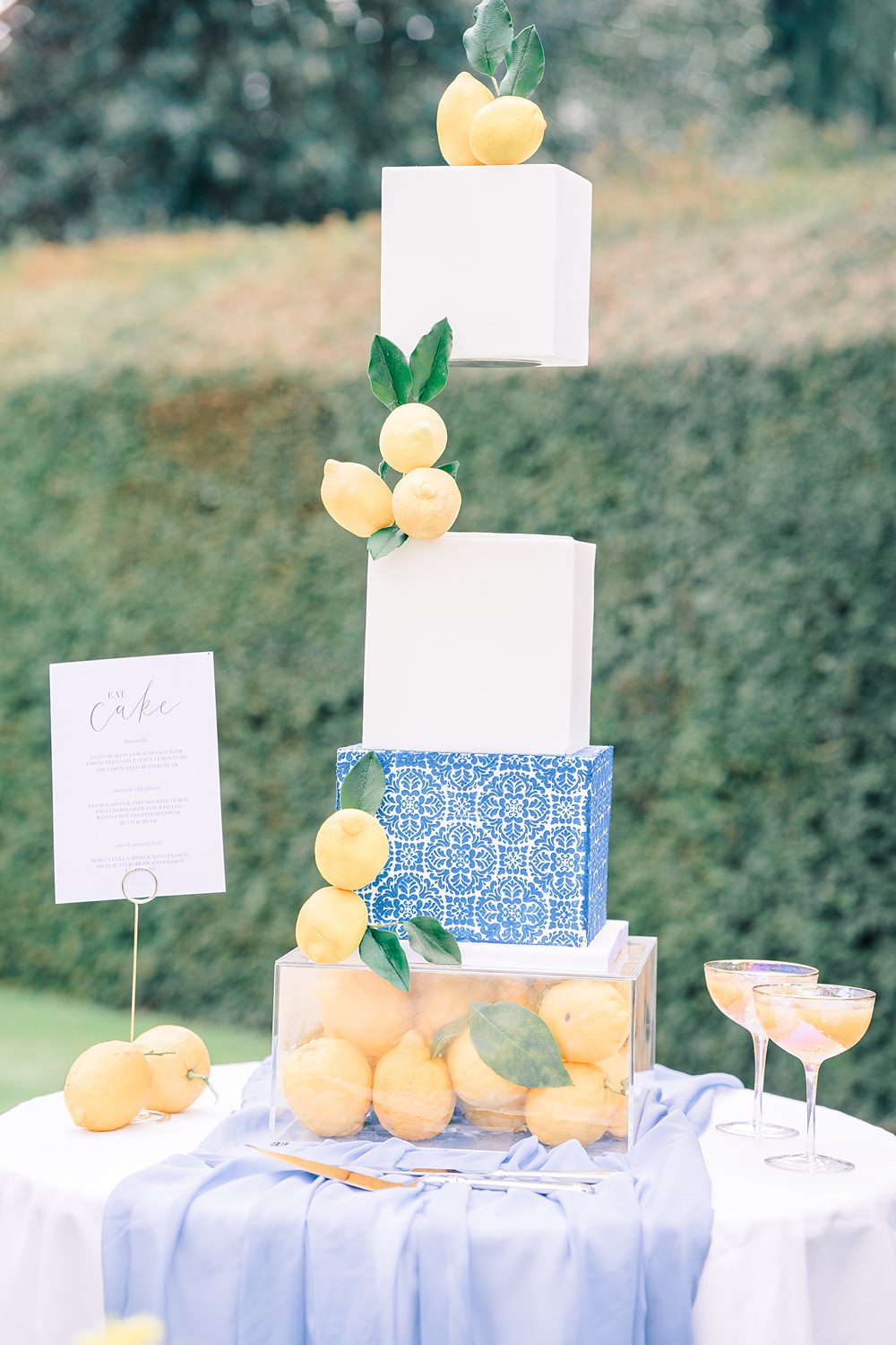 Square Cake Clear Layer Blue Lemon Yellow Italian Wedding Ideas Paige Mary Photography