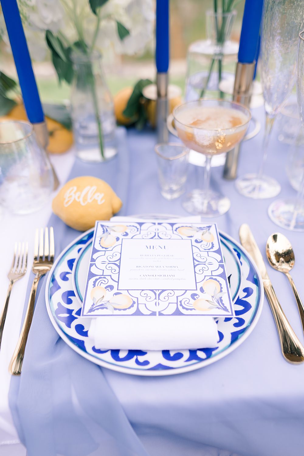 Place Setting Blue Plate Runner Table Lemon Calligraphy Place Name Italian Wedding Ideas Paige Mary Photography
