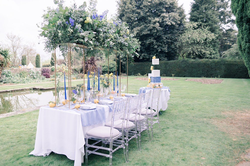Table Decor Tall Centrepice Flowers Greenery Blue Yellow Italian Wedding Ideas Paige Mary Photography