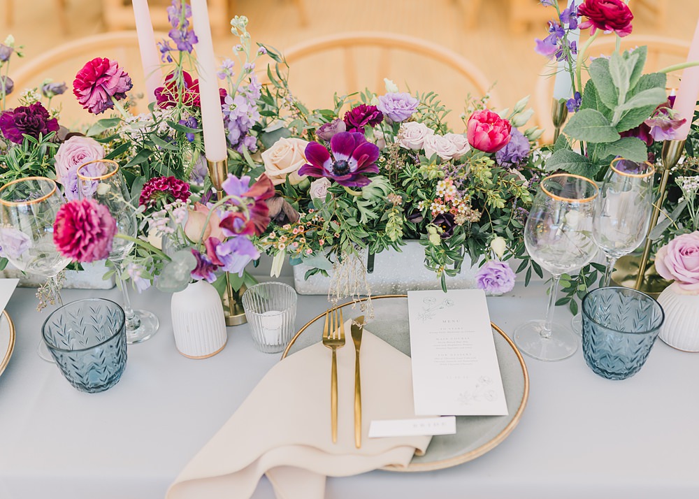 Lakeside Wild Berry Farm Wedding Love and Life Studio Table Decor Pink Purple Flowers Grey Cloth Gold Cutlery
